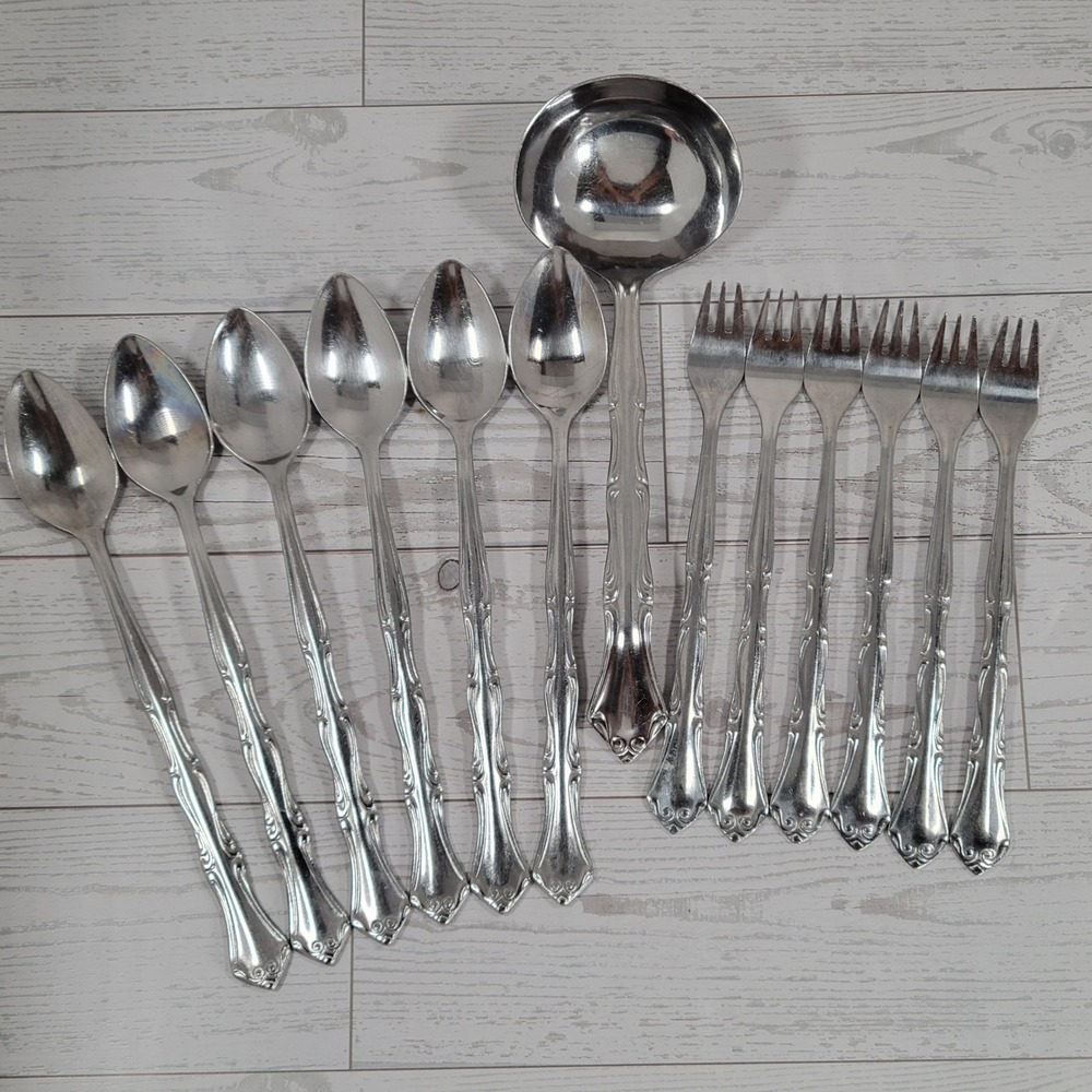 Northland Colonial Mood Stainless 6 Iced Tea Spoons 6 Cocktail Forks & Ladle